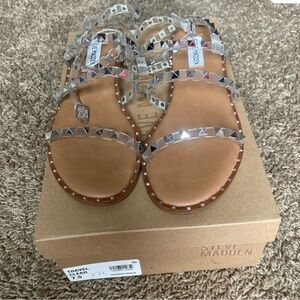 Steve Madden Clear Pyramid-Stud Sandals with Tan Footbed